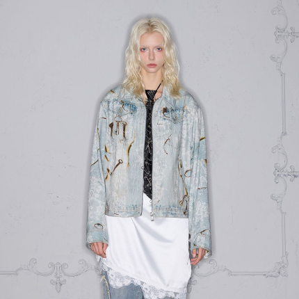 American high-street burnt lace wash denim jacket with key print
