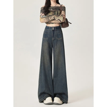 2025 Vintage Wide-Leg Jeans for Women, High-Waisted Loose Fit Drag-Street Pants