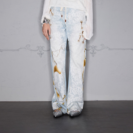 American streetwear burnt lace 3D print straight flare jeans