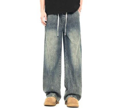 Nostalgic Straight-Leg Jeans - American Streetwear Unisex Wide-Leg Drawstring Patchwork Pants
