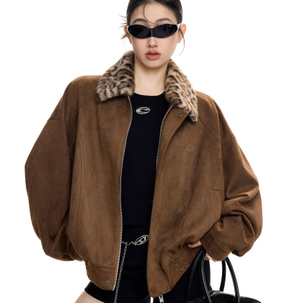Patchwork Leopard Print Collar Jacket - 2025 Autumn Retro Suede Bomber Coat