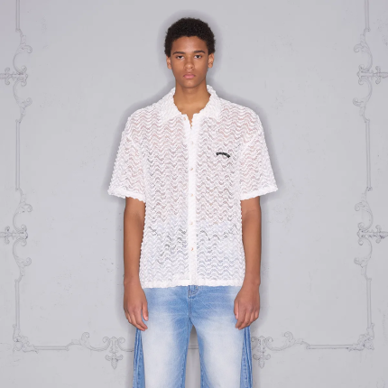 American streetwear summer lightweight breathable wave pattern short-sleeve shirt, loose unisex top